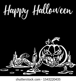Scary Halloween silhouette with the black background, witch elements, creepy for decoration, sketches, icons, stickers. Vector illustration of a hand-drawn.