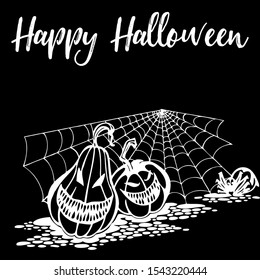 Scary Halloween silhouette with the black background, witch elements, creepy for decoration, sketches, icons, stickers. Vector illustration of a hand-drawn.