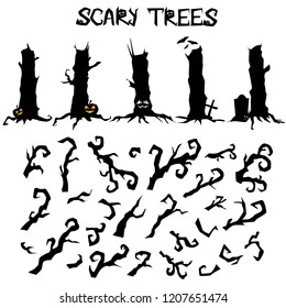 Scary Halloween silhouette trees constructor with pumpkins, branches, gravestones and bats. Vector illustration