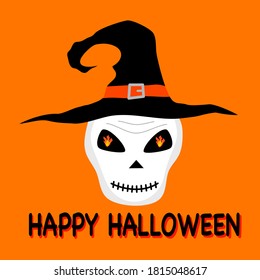 Scary Halloween skull wearing a witch hat on orange  background. Happy Halloween festival concept vector illustration.