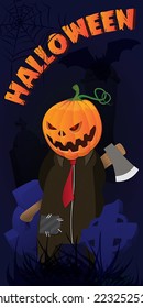Scary Halloween Slayer Pumpkin Head Vector Character With Tie and Axe in the graveyard