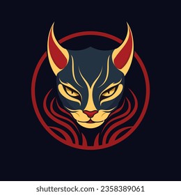 Scary Halloween Sphinx Cat with Horns. Red Hood Cult Member on Black Background. Vector Gaming Logo.