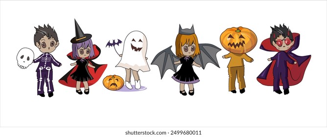 scary halloween spooky costumes,  chibi ,horror bat , fear ghost, pumpkin, skeleton, dracula, devil