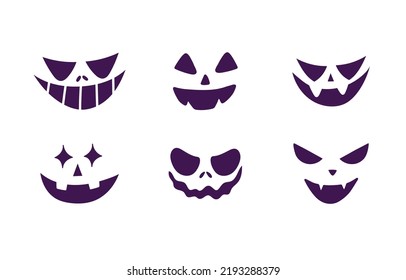 Scary Halloween spooky pumpkin faces. Creepy halloween jack-o-lantern faces stencils. Helloween holiday characters set. Flat vector illustration