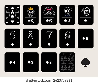 Vetor de estilo de Halloween assustador Desenhado à mão Desenhado desenho animado Conjunto de arte de cartas de jogar. espadas de números, Rei, rainha, jack. fundo para casinos e jogar