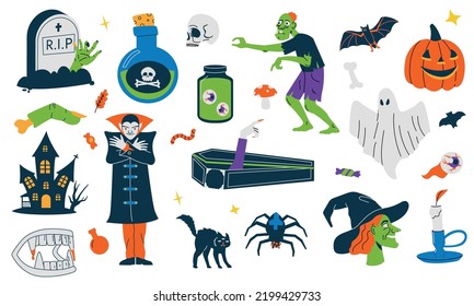 Scary Halloween symbols. Cute childish pumpkin zombie bat ghost cat vampire witch elements, cartoon flat october holiday spooky bundle. Vector collection. Mystery and frightening holiday symbols