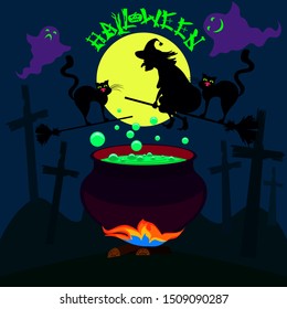 Scary Halloween symbols on dark green background. Vector illustration