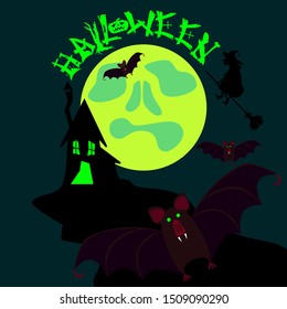 Scary Halloween symbols on dark green background. Vector illustration