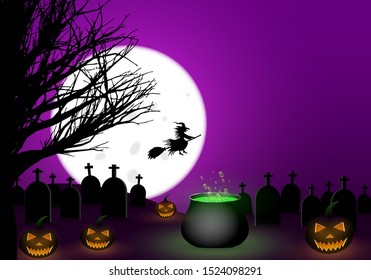 Scary halloween template. Full moon in the purple sky with flying witch silhouette. Lighting pumpkins in front of cemetery, black tree beside him. Cauldron with green bubbling poison. Space for copy.