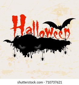 Scary Halloween text with Halloween Eyes, Bats and hanging spiders on scary retro background.
