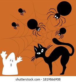 scary halloween theme with cats, spider and cobweb.ghost