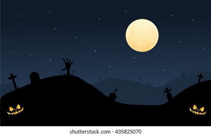 Scary Halloween in tomb silhouette and full moon