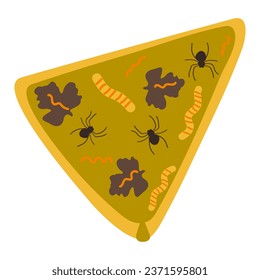 Scary Halloween treat. Zombie pizza with yellow worms, spiders and brown leaves
