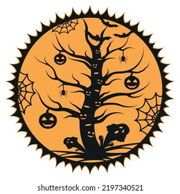 Scary Halloween Tree With Hanging Pumpkin, Vector isolated illustration on White Background