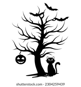 Scary Halloween Tree With Hanging Pumpkin, Vector isolated illustration on White Background