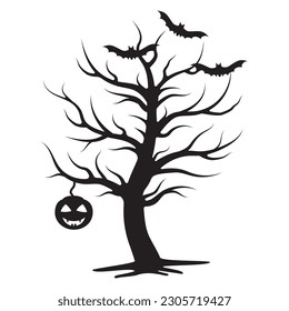 Scary Halloween Tree With Hanging Pumpkin, Vector isolated illustration on White Background