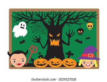 scary halloween tree on blackboard