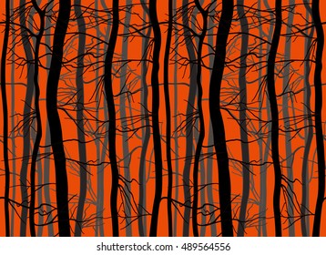 Scary Halloween Trees Branches Background Set. Haunted night forest. Orange color. Deep mystery wood vector seamless pattern.