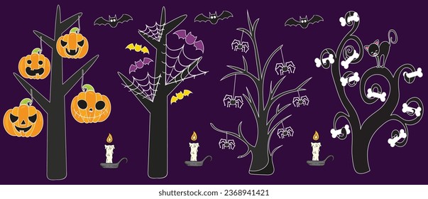Scary Halloween Trees Clipart Set with Bats and Pumpkins Halloween Background Spooky Season Graphics, Creepy Halloween Tree Bundle