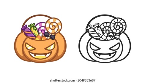 	
Scary Halloween trick or treat pumpkin basket full of candy colored and line art outline doodle cartoon illustration set. Halloween coloring book page activity for kids and adults.