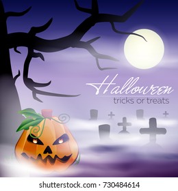 Scary halloween vector background with pumpkin, moon and old tree, in purple colors