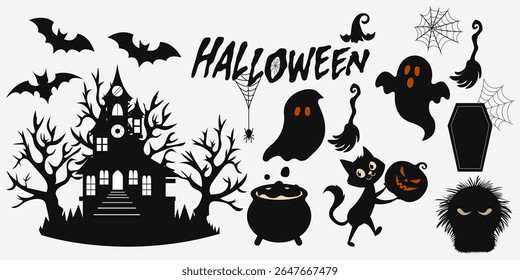 Clipart de vetor de Halloween assustador com casa assombrada, fantasmas assustadores, morcego, gato preto e elementos de bruxa. Design editável com fundo transparente. Parte do conjunto gráfico de Halloween