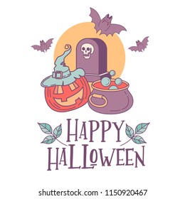 Scary Halloween. Vector greeting card. Bats flying over the tombstone. Next to the tombstone is a cauldron with a magic potion and a pumpkin. Vector illustration.