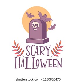 Scary Halloween. Vector greeting card. Bats flying over the tombstone.  Vector illustration.