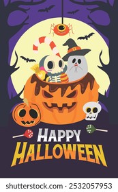 Scary Halloween vector illustration depicting a ghost and a skull sitting in an orange pumpkin on a dark night under a round full moon decorated with tree branches and bats, trick and treat