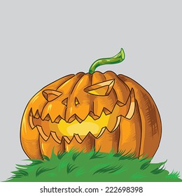 Scary Halloween Vector Pumpkin in the grass from downwards perspective