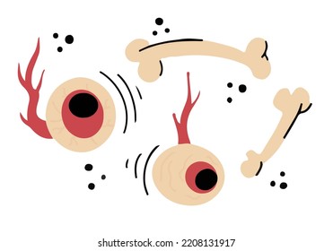 Scary Halloween vector set with bones and eyeballs. Cheerful design of bones and eyes in cartoon style isolated on white background. Illustration for halloween greetings and party invitations.