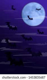 Scary Halloween vector violet background with blue moon and bats silhouettes flying in the fog.