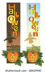 Scary Halloween vertical banners with pumpkins and scarecrow.