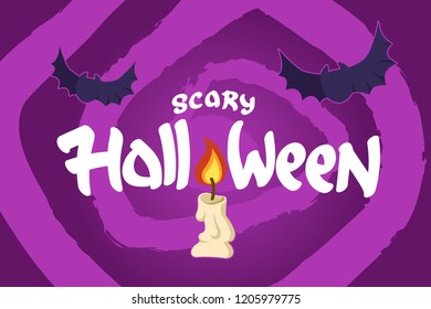 Scary Halloween violet spiral background with bats and candle 