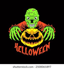 Scary halloween zombie holding a pumpkin with both hands