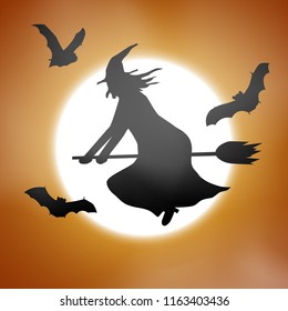 Scary haloween vector with a witch flying in front of a full moon.