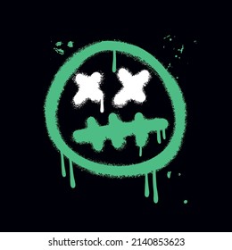 Scary hand drawn dead emoji, ink brush neon color emoticon icon on a black background. Textured hand drawn vector illustration of street wall art.