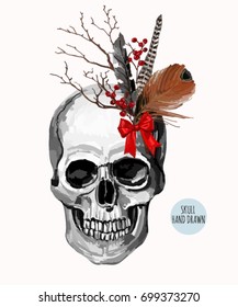 Scary hand drawn illustration background with  sugar skull, feathers, branches  on a white background. Vector illustration.