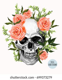 Scary hand drawn illustration background with metall  skull, roses  on a white background. Vector illustration.