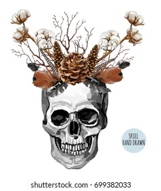 Scary hand drawn illustration background with  skull, branches, feathers, cotton flowers, pine cones  on a white background. Vector illustration.