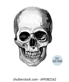 Scary hand drawn illustration background with human  skull  on a white background. Vector illustration.