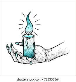 Scary hand with turquoise candle. Hand drawn vector Dotwork Illustration. Graphic sketch for tattoo, poster, clothes, t-shirt design, pins, badges, stickers and coloring book