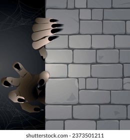 scary hands ghost zombie, hand character haunting in the dark with spiderwebs. Vector illustration for halloween.