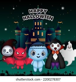 Scary Happy Halloween design background banner with cute monster and castle vector