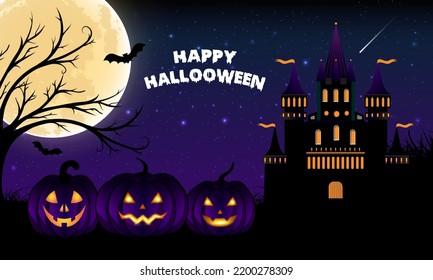 Scary Happy Halloween design background banner with pumpkin and castle vector