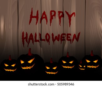 Scary happy Halloween lettering on plank wooden wall with black pumpkin.Concept for Halloween banner, poster and invitation card in vector illustration