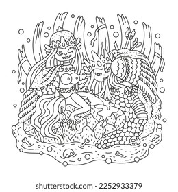 Scary harpy queen eating dead mermaid. Mythology creature. Fantasy sea monster girl. Detailed coloring page for adults. Cartoon vector illustration. Outluned artwork. Isolated on white. Black lines