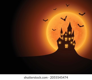 scary haunted castle with yellow moon and flying bats