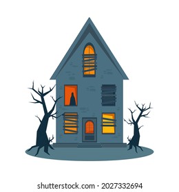 Scary haunted house and broken windows, Halloween horror house. Vector illustration in flat style.