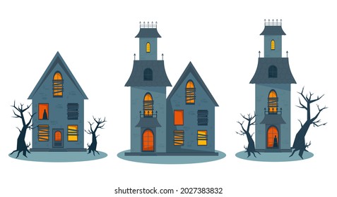 Scary haunted house and broken windows, Halloween horror house set. Vector illustration in flat style.